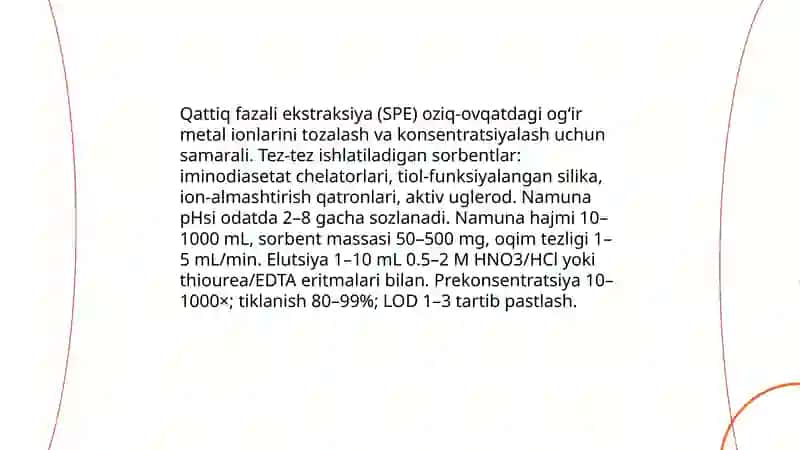 Oziq ovqat mahsulotlari tarkibidagi og'ir metal tuzlari ionlari miqdorini aniqlash usullari 4