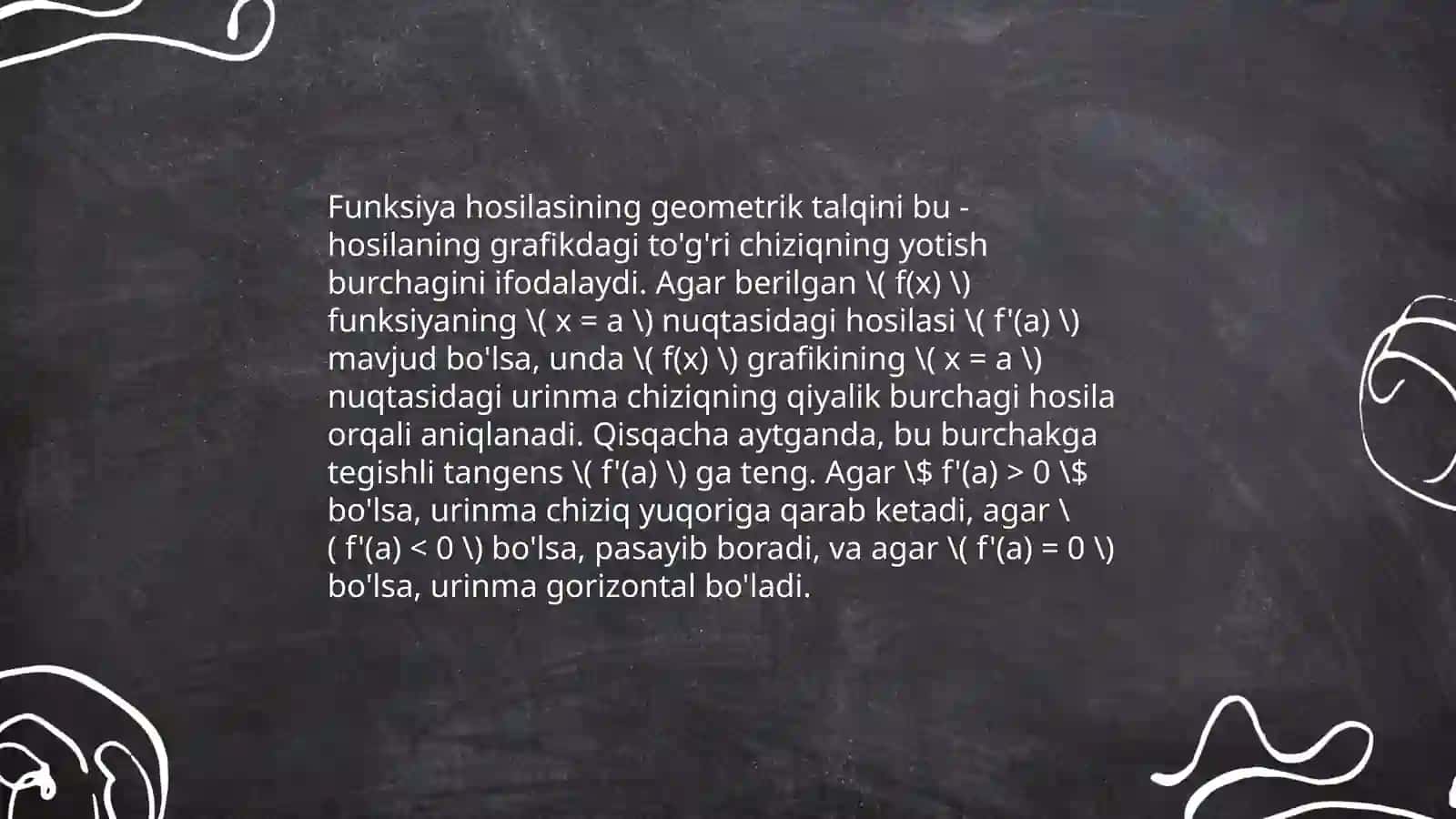 Funksiya hosilasi yordamida tengsizliklarni yechish va isbotlash uchun foydalaniladigan xossalari 4