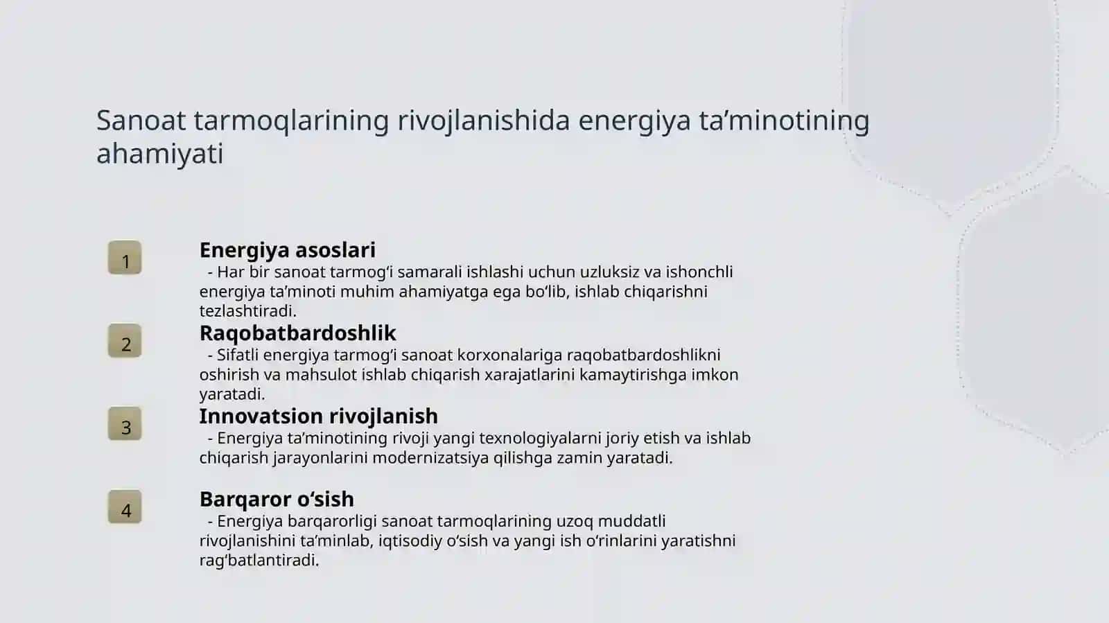 Energetika sektorining tarmoqlar iqtisodiyotidagi ro'li 4
