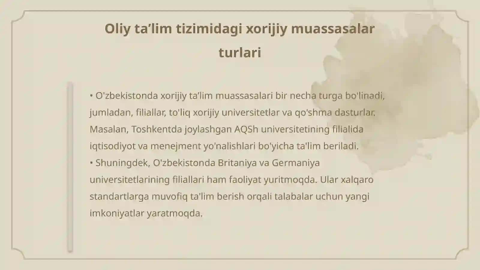 Oliy taʼlim tizimida xorijiy taʼlim muassasalarining tashkil etilishi va ularning sohada tutgan oʻrni 4