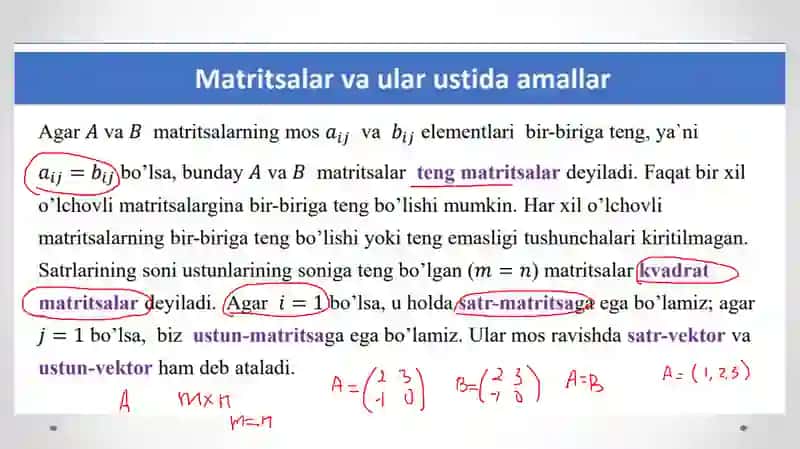 Matritsalarning ustida amallar bajarish mavzusini o'qitish metodikasi 4