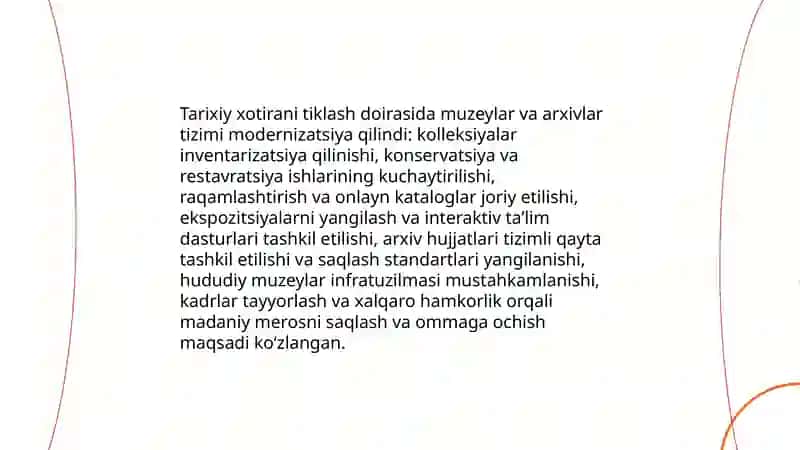 O'zbekistonda milliy qadriyatlar va tarixni tiklash borasida amalga oshirilgan islohotlar mazmuni Umurov Umarshoh 4