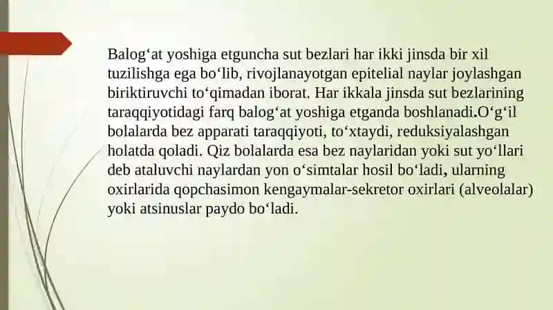 Sut bezlari gistogenezi   va gistofiziologiyasi.Laktatsiya jarayonining neyrogumoral Mexanizmlari 4
