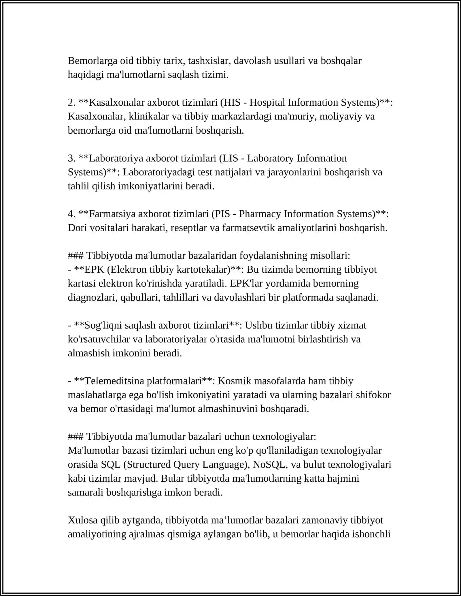 Tibbiyotda maʼlumotlar bazasi loyihalashtirish mutaxassis shifokorning malimotlar bazasini boshqaruvchi tizimdir 4