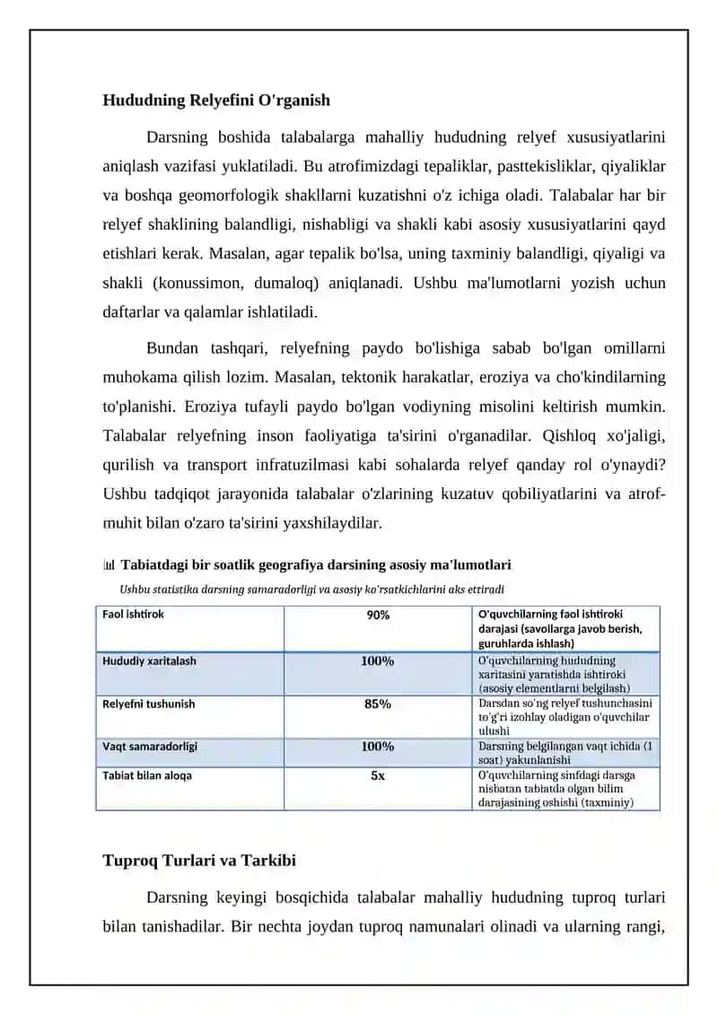 Geografiya fanidan tabiat qo'ynida o'tkazilgan bir soatlik dars ishlanma 4
