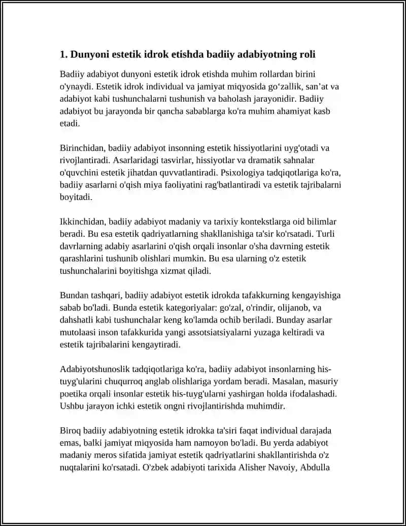 "DUNYONI ESTETIK IDROK ETISHDA BADIIY ASARLARNING AHAMIYATI" MAVZUSIDA MUSTAQIL ISH 4