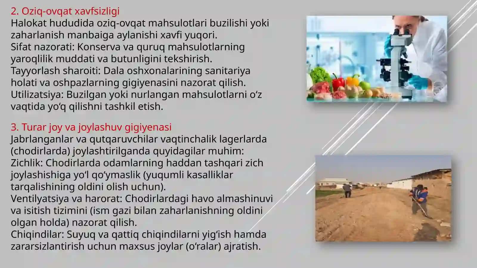 Favqulotdavaziyatlarvahalokatlardashifokorishininggigiyenikjihatlari.Tabiiyvatexnogenhalokatlarnibartarafetishdashifokorningo’rni.O’ZRaholisiningengmuhimyuqumlibo’lmagankasalliklariprofilaktikasininggigiyenikjihatlari 4
