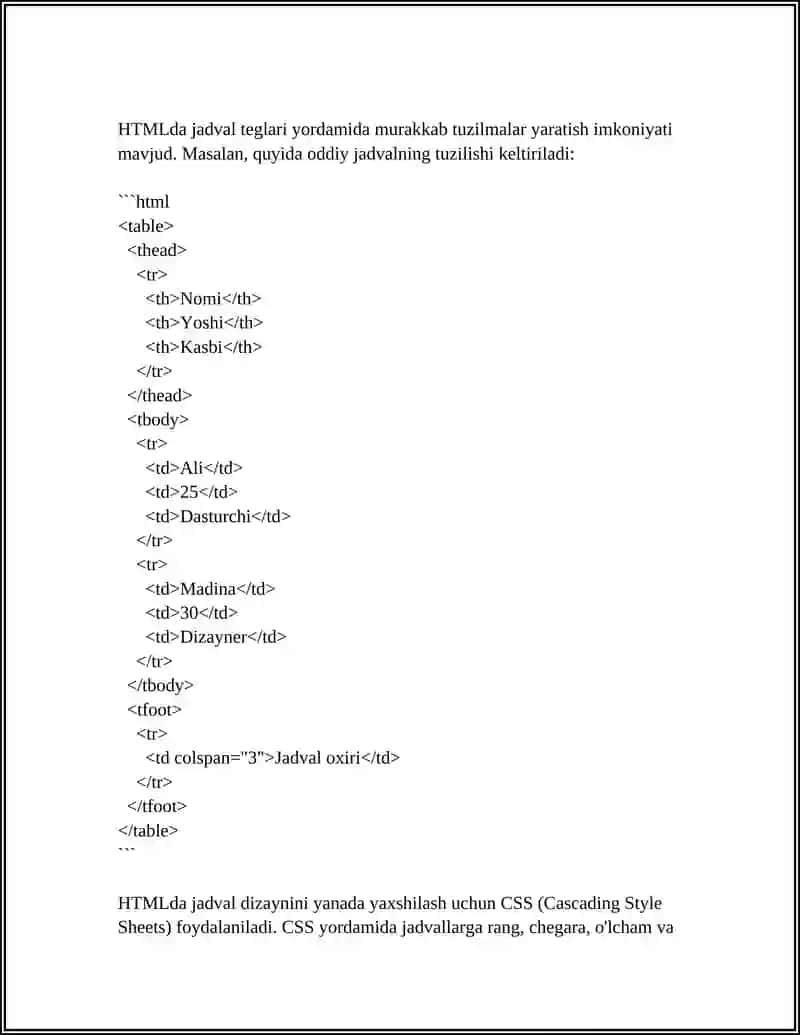 HTML DA JADVALLAR VA ULAR BILAN ISHLASH 4