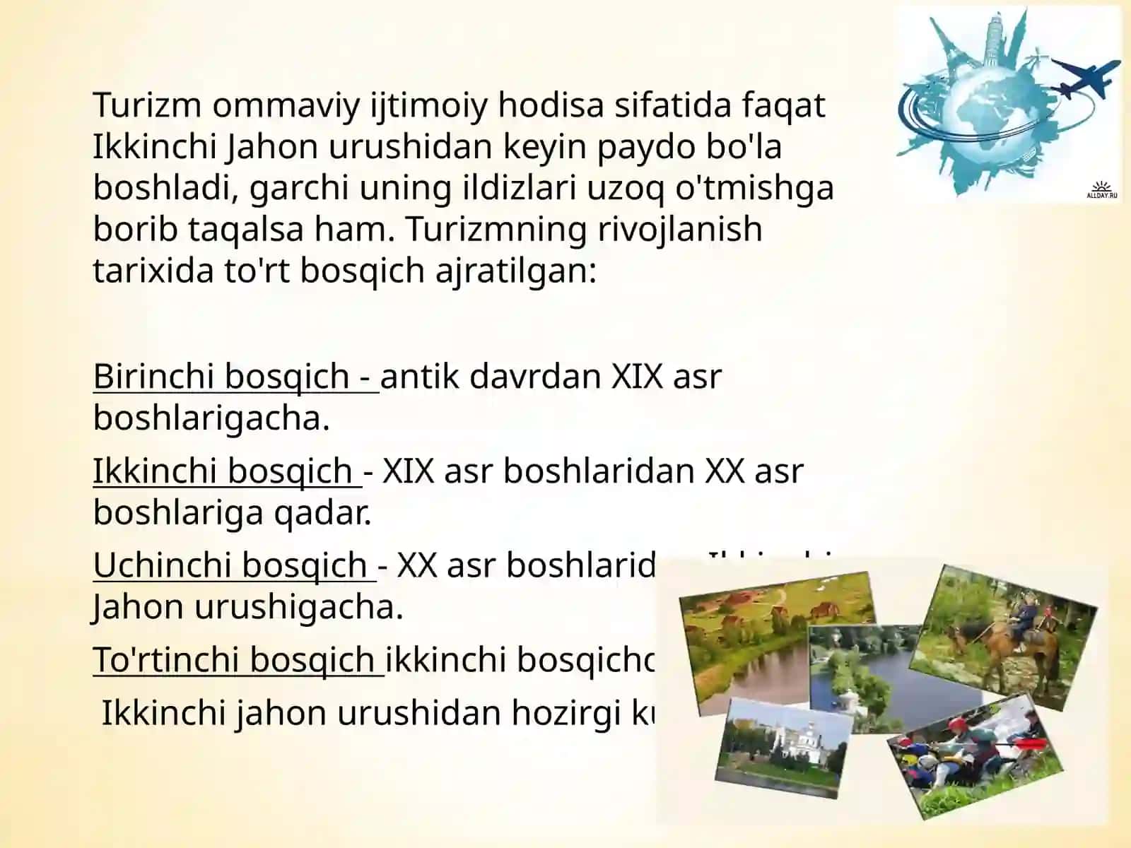 Turizmning paydo bo'lishi va rivojlanishi tarixi 4