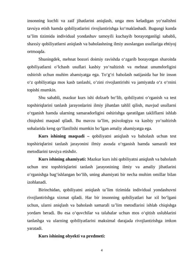 Qobilyatni o'rganish test topshiriqlarinin tanlash 4