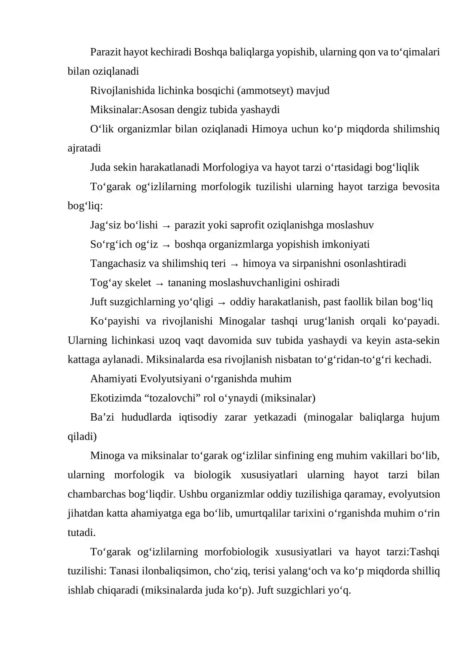 MINOGA VA MIKSINALAR- ZAMONAVIY TO‘GARAK OG‘IZLILAR – JAG‘SIZLAR BO‘LIMINING VAKILLARI. TO‘GARAK O‘G‘IZLILAR SINFINING MORFOBIOLOGIK XUSUSIYATLARINI, ULARNING HAYOT TARZINING O‘ZIGA XOSLIGI BILAN BOG‘LIQLIGI 4