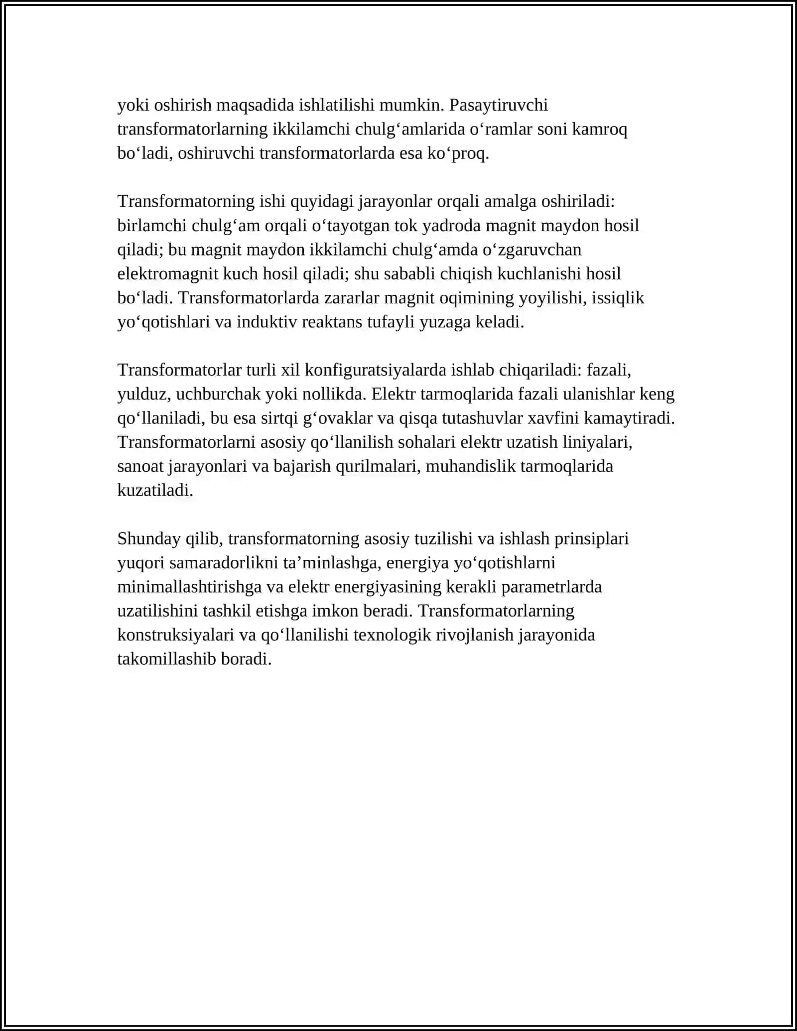 MUSTAQIL ISH Mavzu: TRANSFORMATORLAR TUZILISHI VA ISHLASH PRINSIPI 4