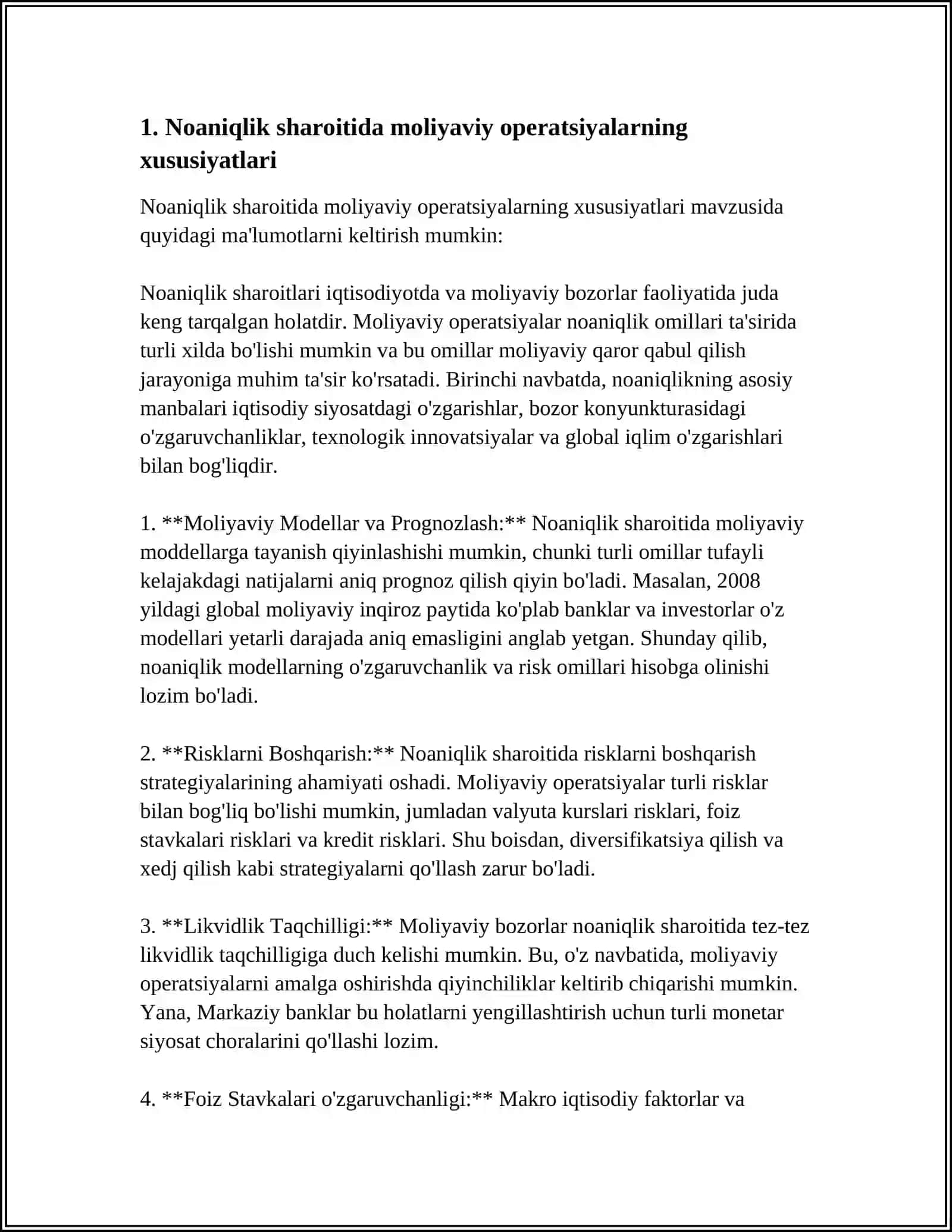 NOANIQLIK SHAROITIDA MOLIYAVIY OPERATSIYA NARXINING KLASSIK SXEMASI 4