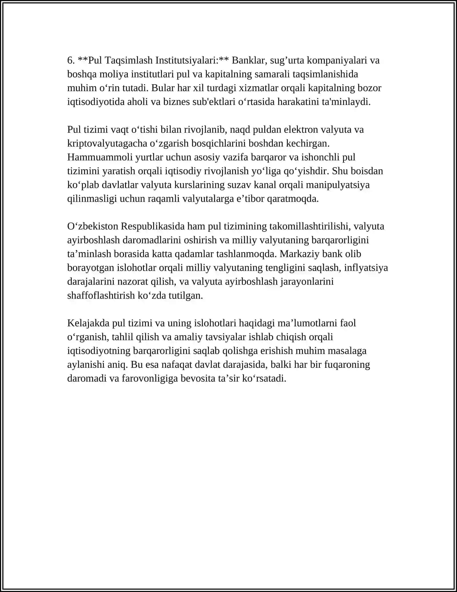 PUL TIZIMI: MAZMUNI, TURLARI VA ELEMENTLARI 4