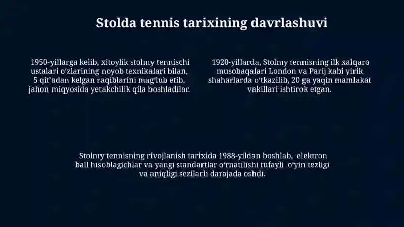 Stol tennisi o‘yining tarixi, qoidalari, texnikasi va taktikasining tasnifi 4