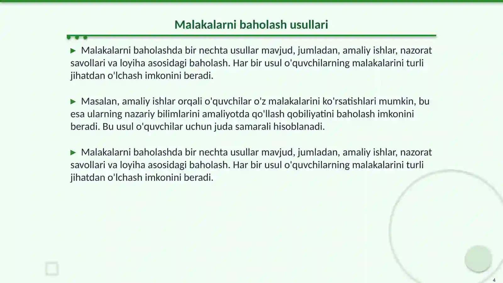 Boshlangʻich sinf oʻquvchilarining bilim, koʻnikma va malakalar tekshirish uchun materiallar tayyorlash 4