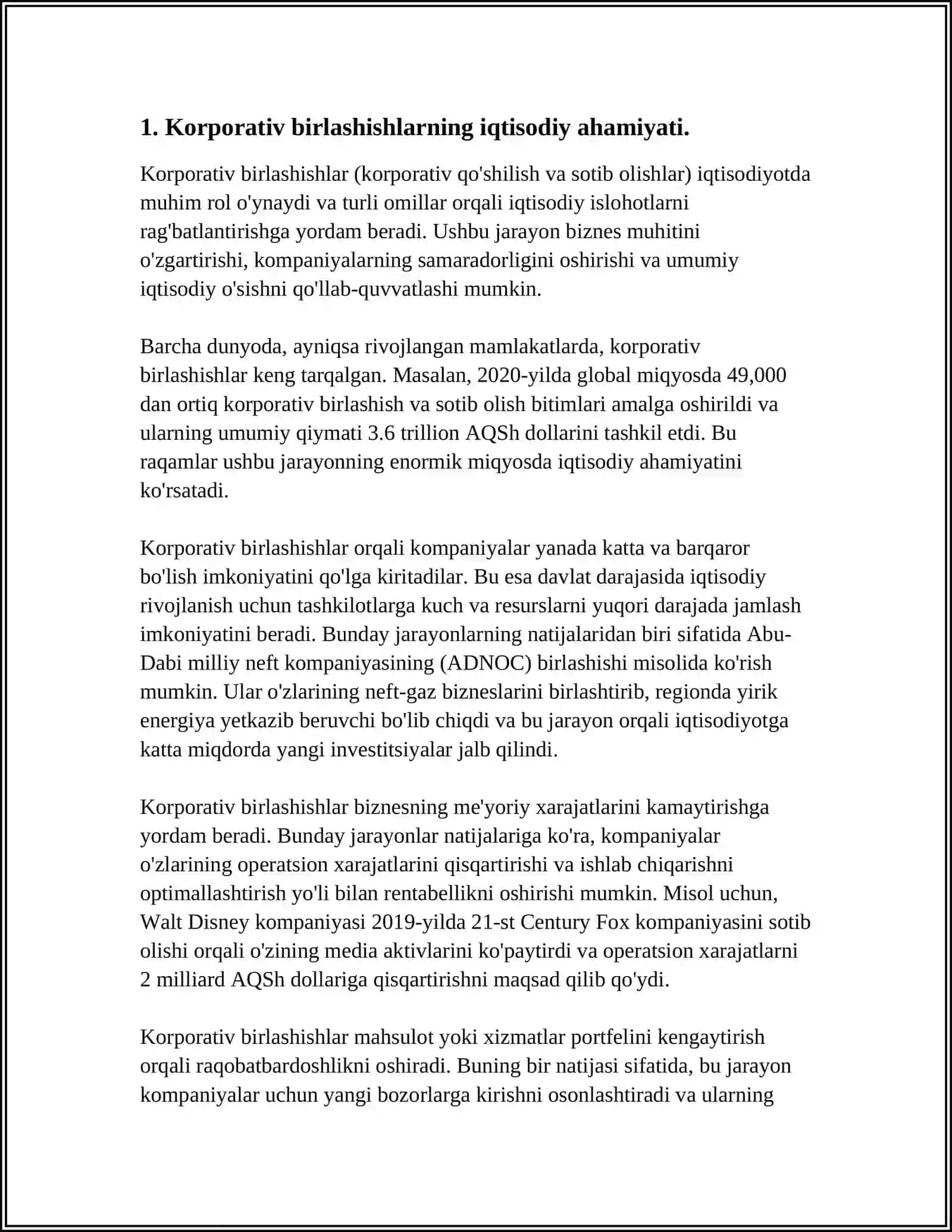 BOZOR IQTISODIYOTI SHAROITIDA KORPORATIV BIRLASHISHLAR VA QO'SHIB OLISHLAR 4