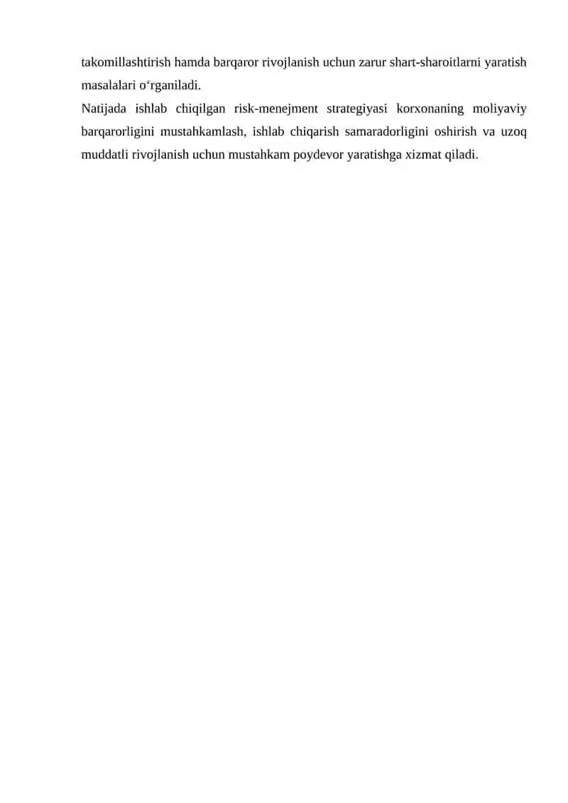 KORXONA UCHUN RISK MENEJMENT REJASI TUZISH MUOMMONI ANIQLASH VA YECHIMLARINI LOYIHA SHAKLIDA ISHLAB BCHIQISH 4