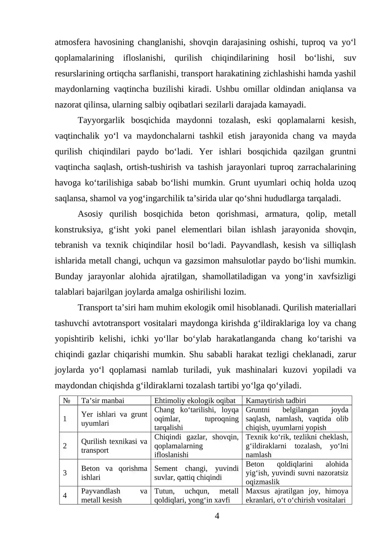 QURILISHDA EKOLOGIYA VA HAYOT FAOLIYATI XAVFSIZLIGI BO‘LIMLARI 4