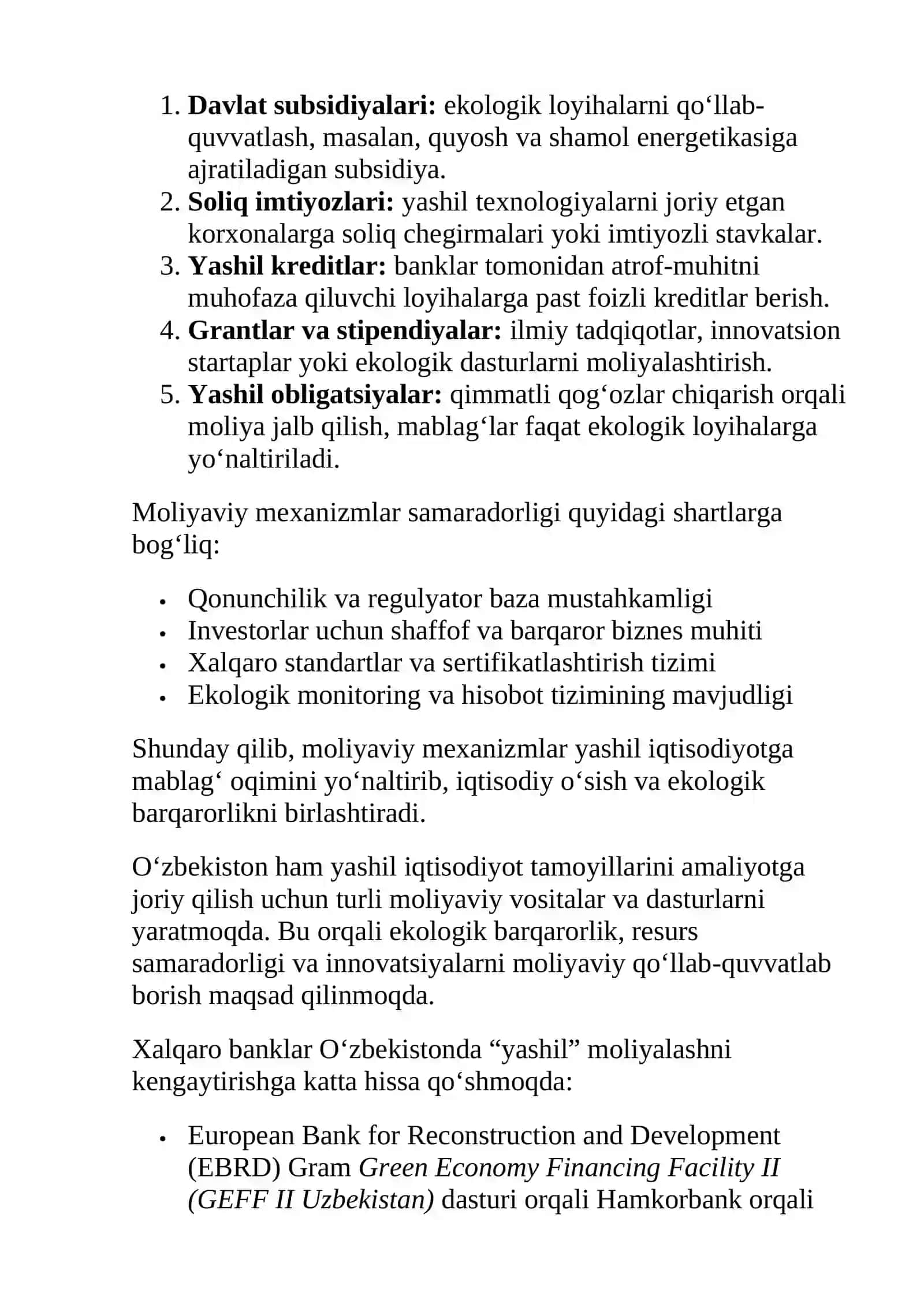 “Yashil iqtisodiyot”ni ishlab chiqishning moliyaviy va nomoliyaviy mexanizmlarini ishlab chiqish 4