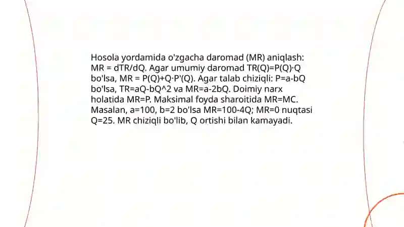 Daromad va xarajat funksiyalarini hosola yordamida tahlil qilish 4