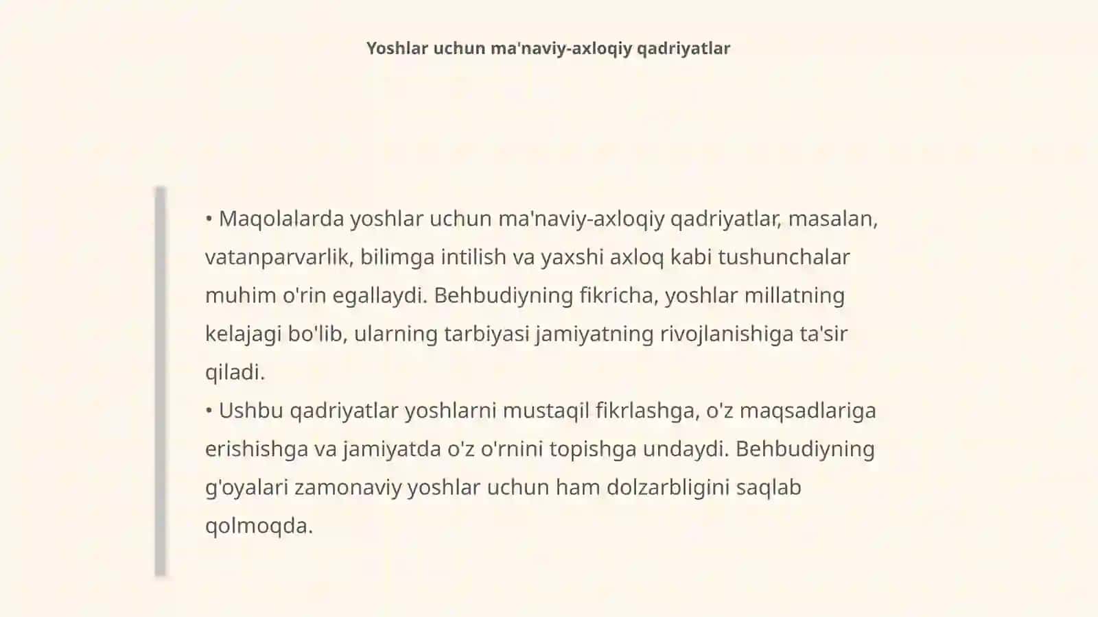 M. Behbudiyning " Yoshlarga murojaat" va " Muhtaram yoshlarga murojaat" maqolalarini tahlil etish 4