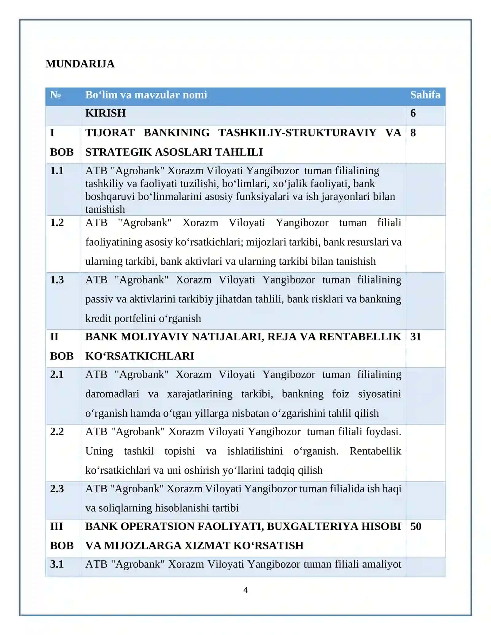 AGROBANK ATB umumiy tushuncha  hamda  "Agrobank" Xorazm Viloyati Yangibozor tuman filialining  Malakaviy amaliyot bo’yicha tayyorlagan hisobot 4