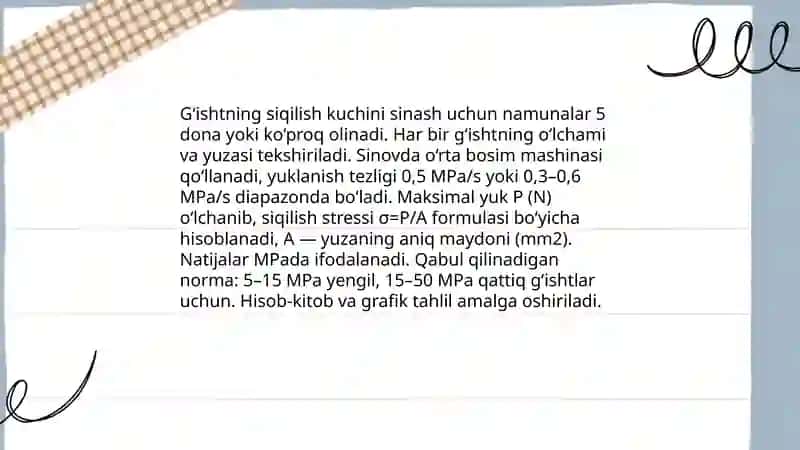 Tosh-g‘isht konstruksiyamaterialining tavsiflarini aniqlashbo`yicha amaliy ish olib borish 4