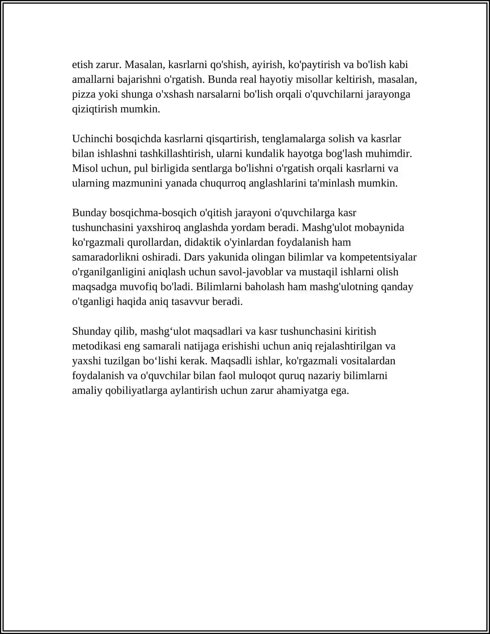 SINFDAN TASHQARI MASHGʻULOTLARDA KASR TUSHUNCHASI BILAN TANISHTIRISH METODIKASI 4