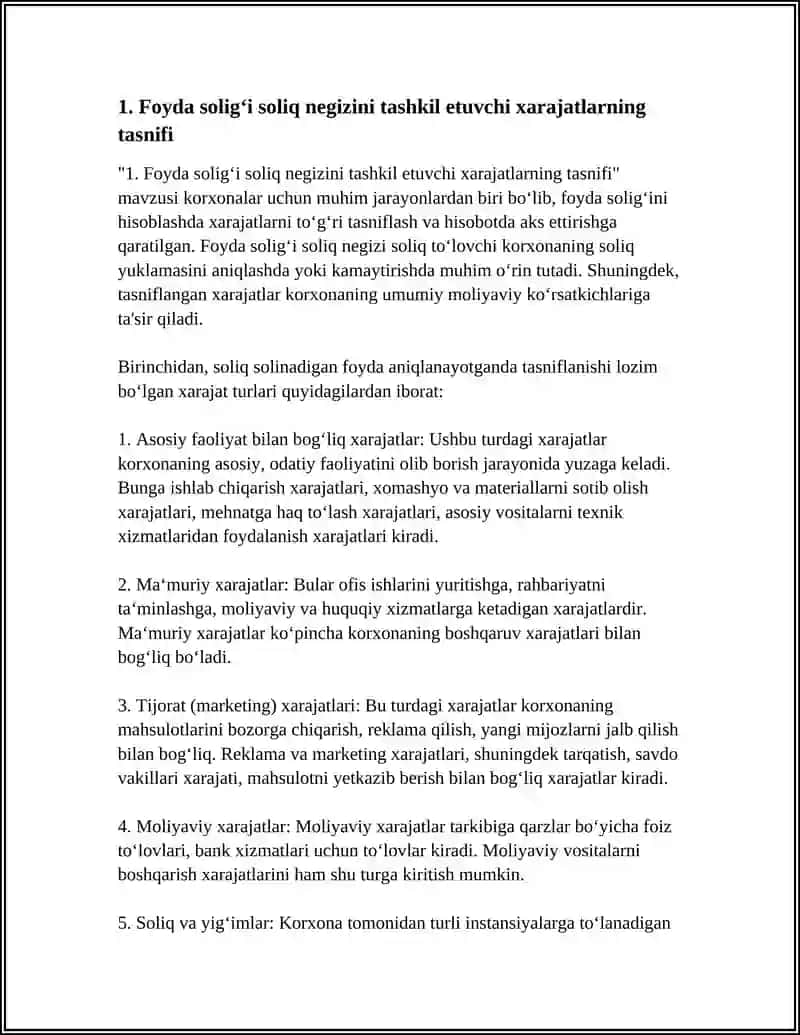 FOYDA SOLIG’INI HISOBLASHDA XARAJATLAR, DAROMADLARNI TURKUMLASH VA HISOBOTDA AKS ETTIRISH 4