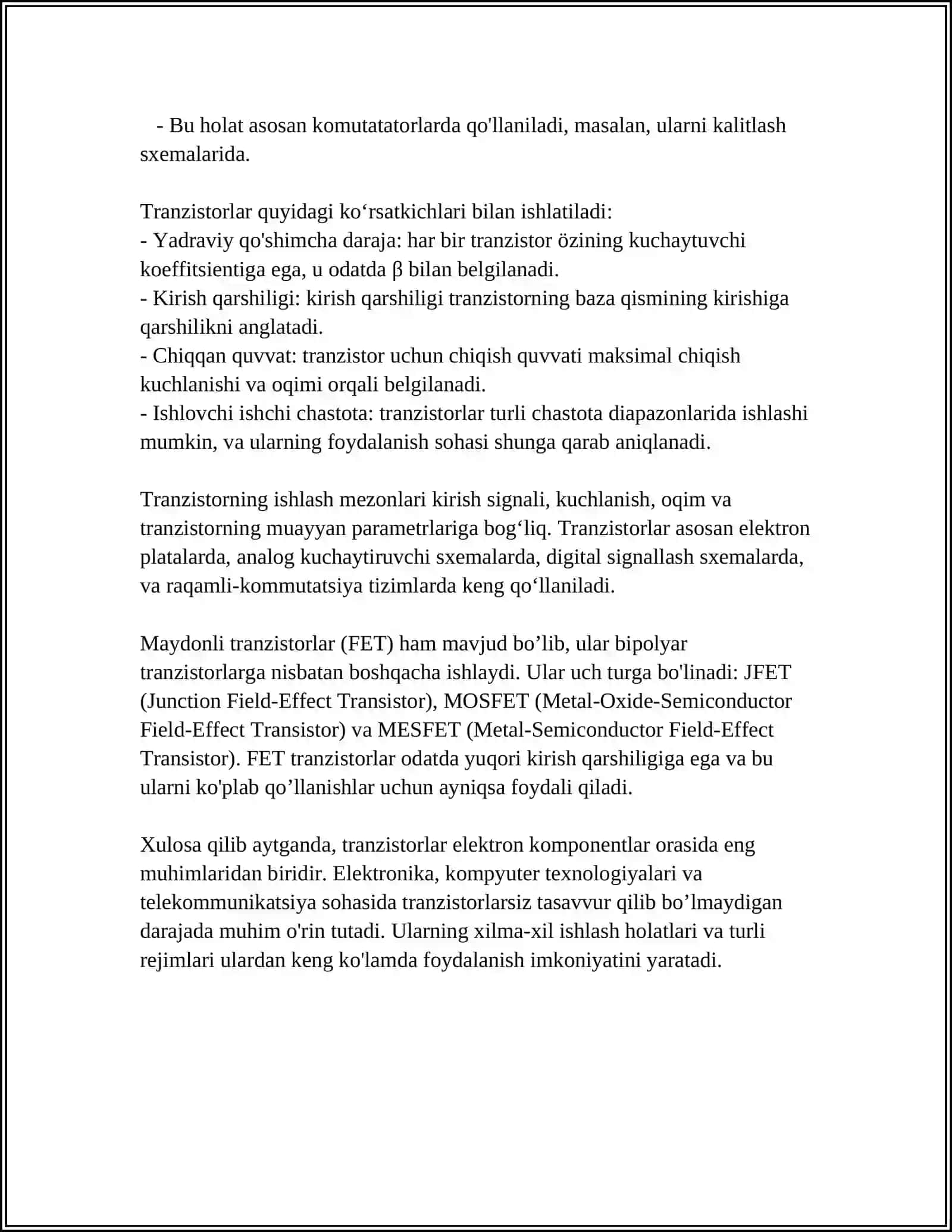UMUMIY EMITTER SXEMASI BO'YICHA ULANGAN BIPOLYAR TRANZISTODA TAYORLANGAN BIR KASKADLI KUCHAYTIRGICH PARAMETRLARINI ANALITIK HISOBLASH 4