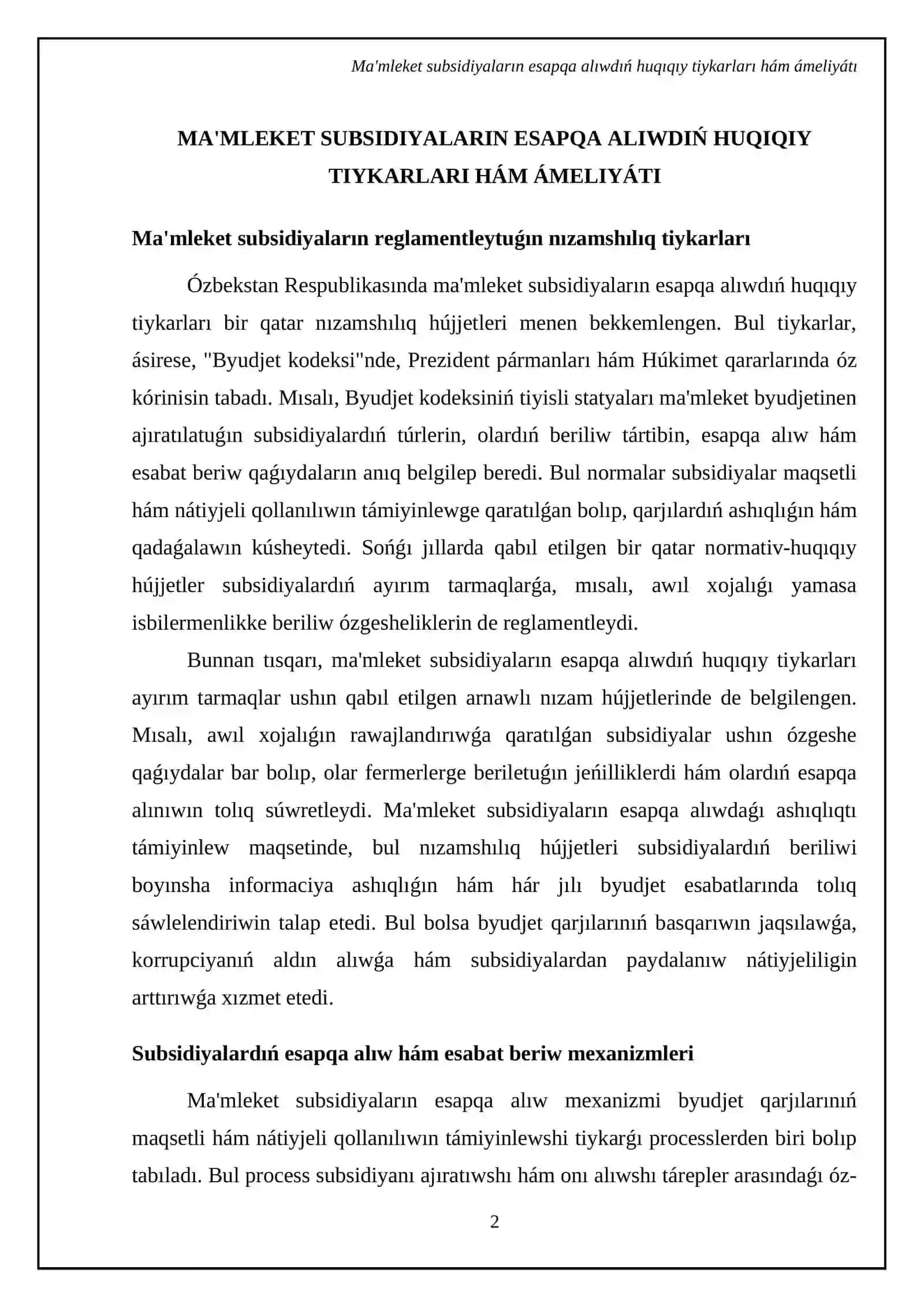 Ma'mleket subsidiyalar esabi ha'm ma'mleket ja'rdeminin' jaratiliwi 4