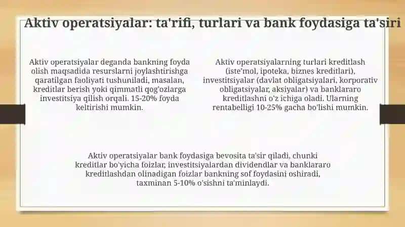 Bank operatsiyalari turlari  Bank operatsiyalarining turlari aktiv, passiv, komission 4