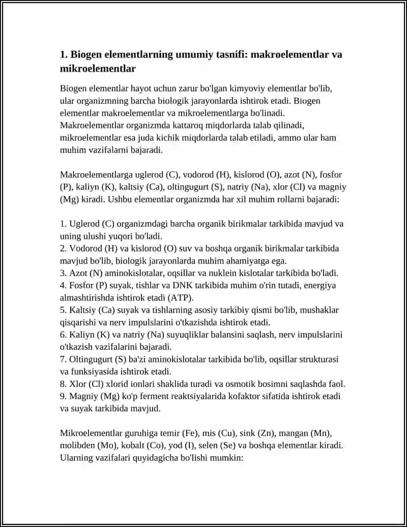BIOGEN ELEMENTLAR KIMYOSI.ORGANIZMDAGI KIMYOVIY ELEMENTLAR ULARNING MIQDORIY TARKIBI VA VAZIFALARI 4
