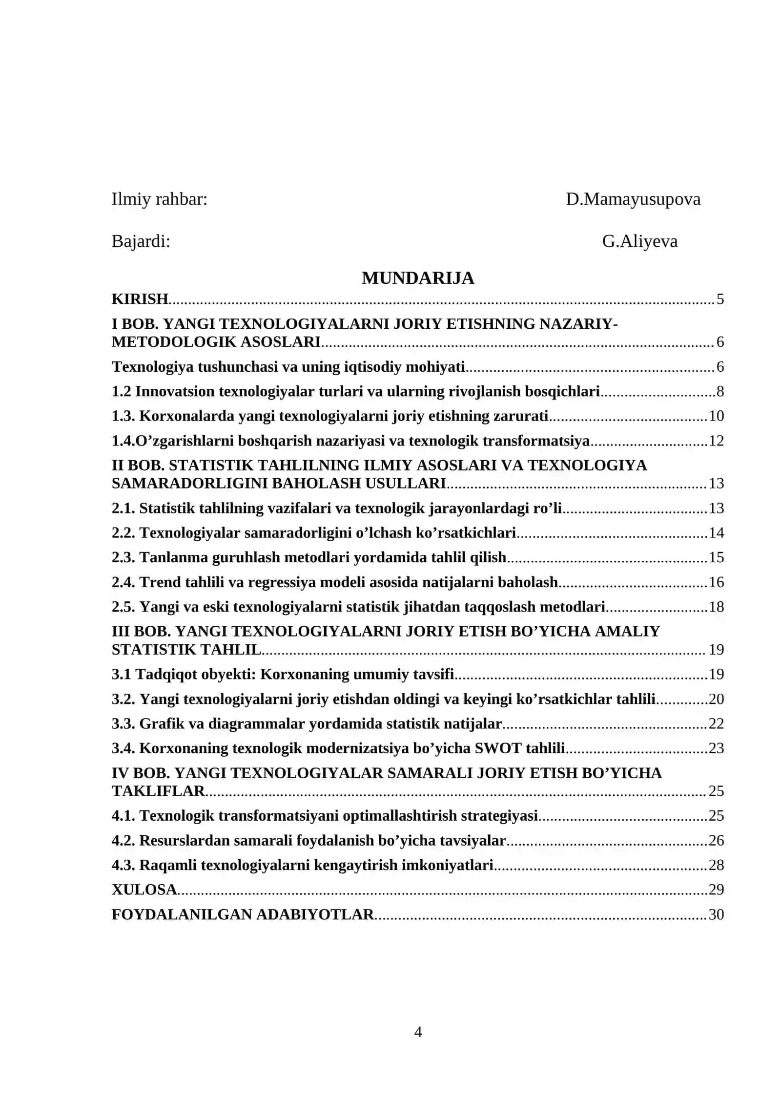 Yangi texnologiyalarni joriy etishdagi statistik tahlil kurs ishi 4
