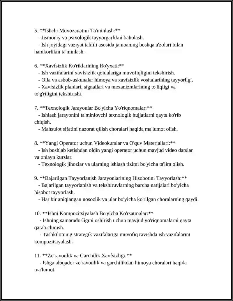 Yangi Operatorning Vazifasi: Ish Boshlashdan Oldingi Tayyorgarlik va Tekshiruvlar 4