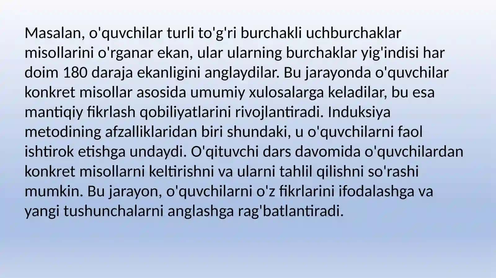 Matematika o`qitishda xulosa chiqarish shakllari va didaktik prinsiplar. Matematika o`qitishda induksiya, deduksiya va o`xshatishdan foydalanish. Matematik o`qitishning didaktik prinsiplari va ularning tadbiqi 4
