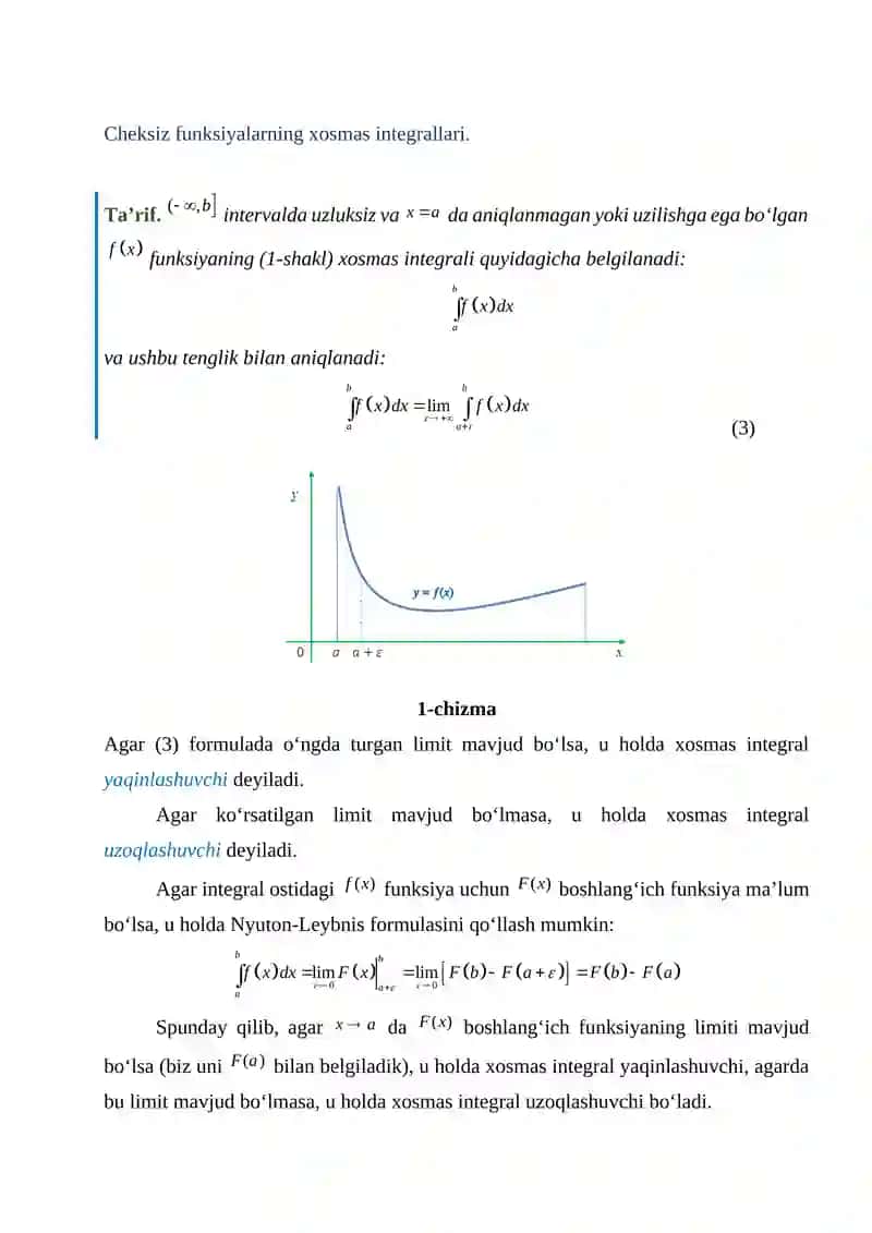 Xosmas integrallarning yaqinlashish alomatlari 4