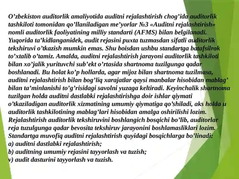 “AUDITORLIK TEKSHIRISHNI REJALASHTIRISH” MAVZUSI BO’YICHA TAQDIMOT 4