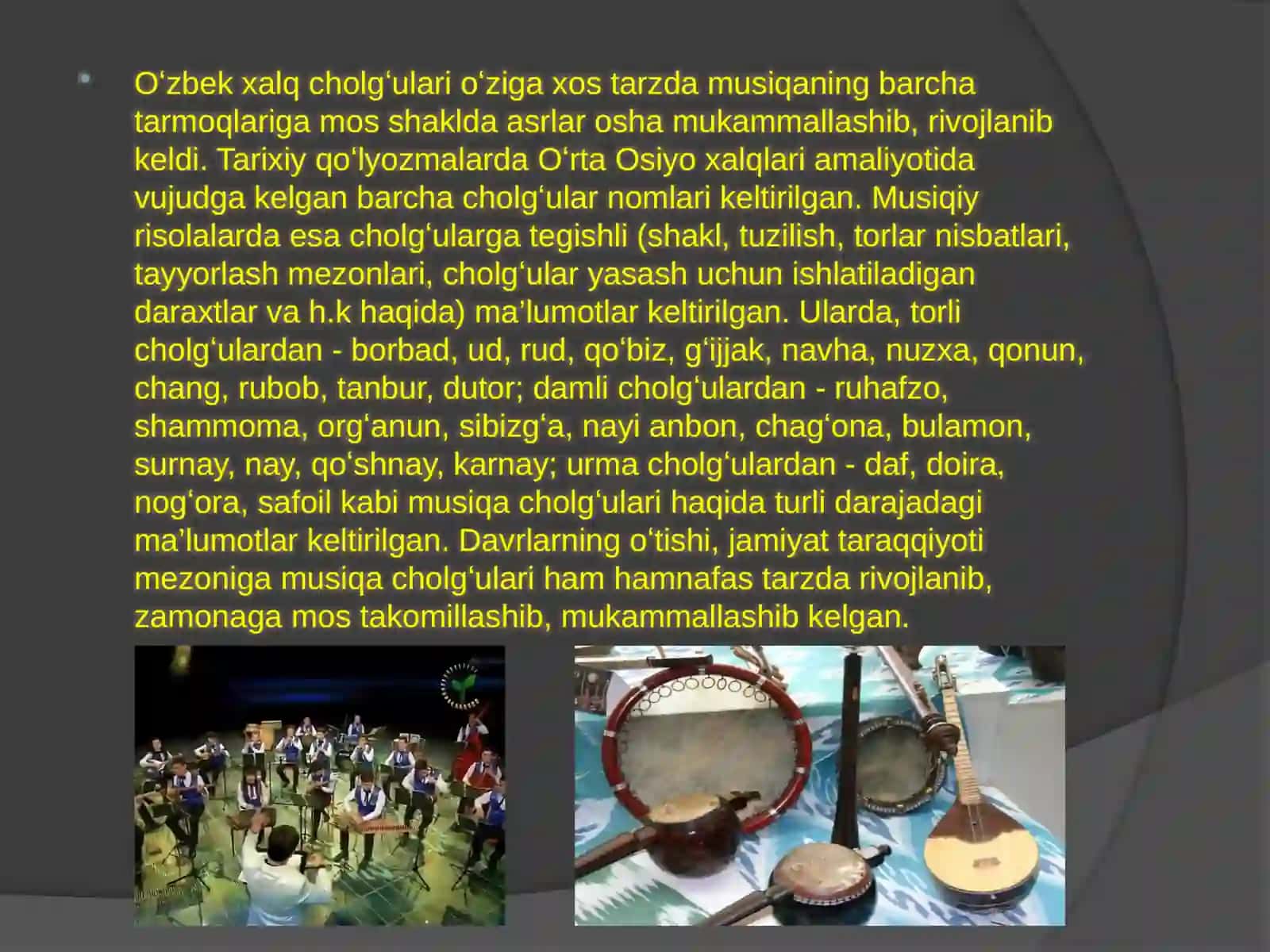 O’zbekxalq cholg’ularida ijro imkoniyatlari, tovush xosilqilishvositalari 4