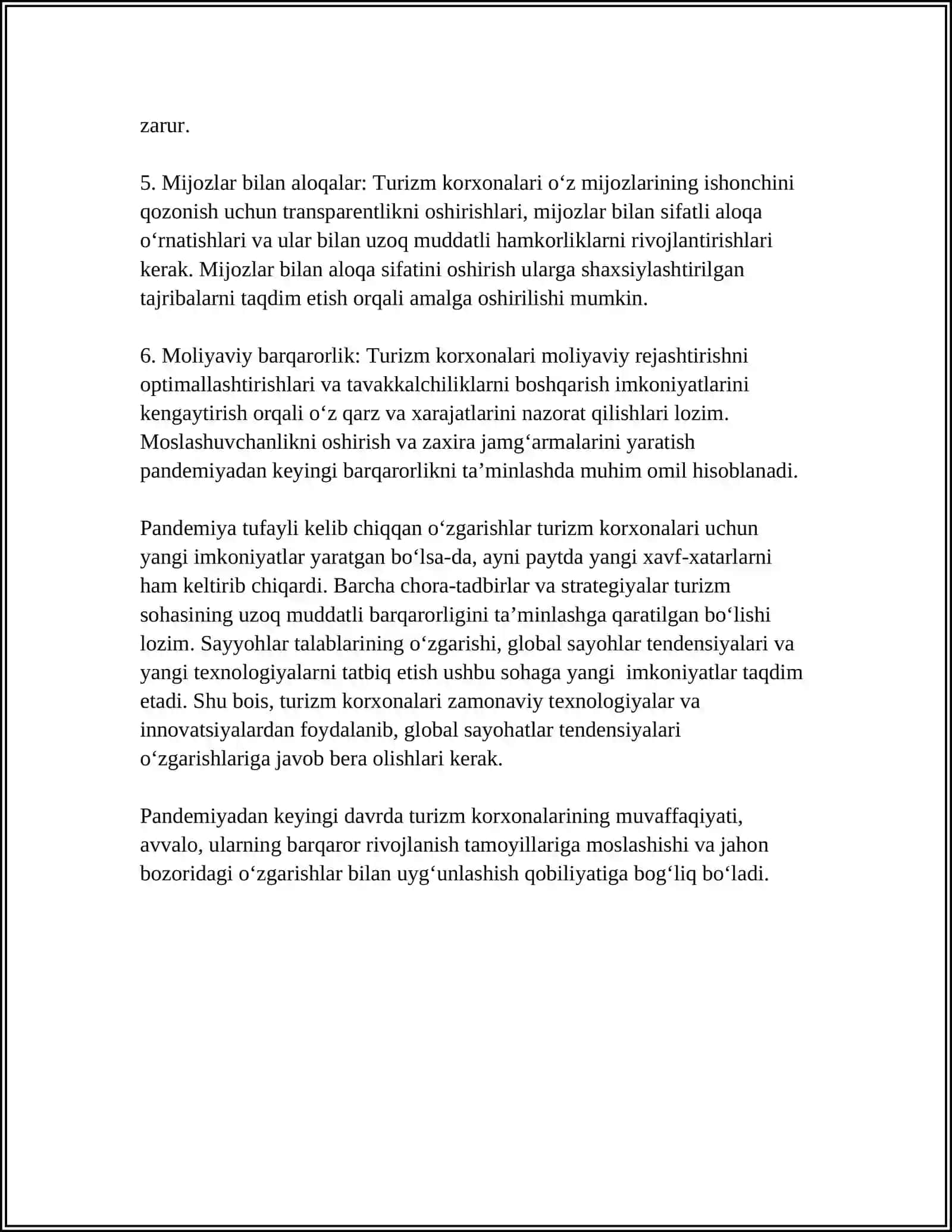 Pandemiyadan keyingi davrda turizm korxonalarining strategik barqarorlik 4