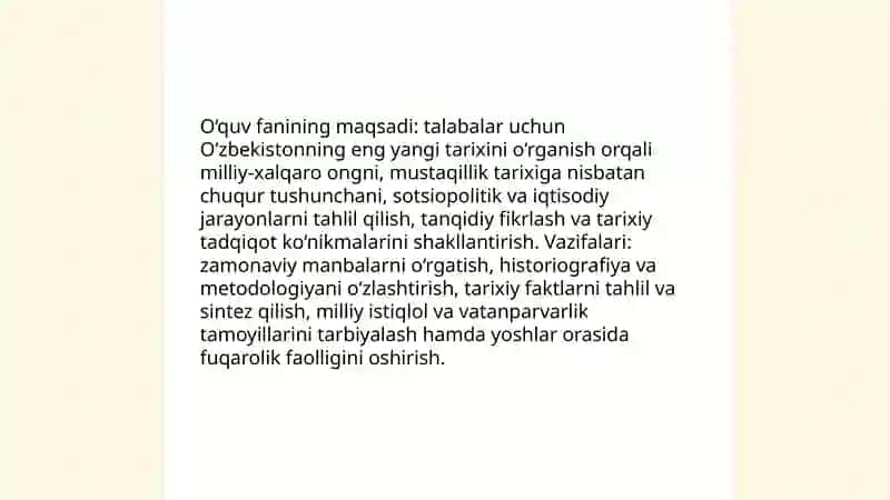 O‘zbekistonning eng yangi tarixi o‘quv fanining predmeti, maqsadi va vazifalari, nazariy-metodologik tamoyillari 4