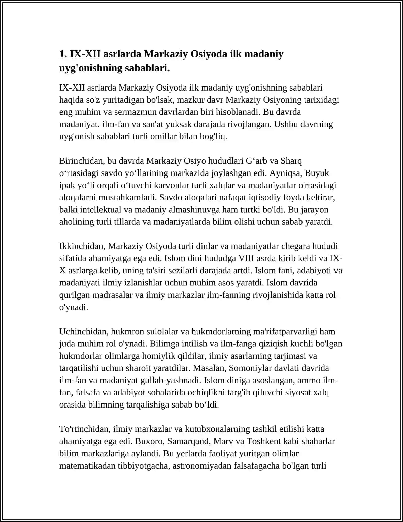 IX-XII ASRLARIDA MAMLAKATIMIZ HUDUDIDA RO'Y BERGAN MADANIY UYG'ONISH (RENESSANS). BUYUK ALLOMALARNING JAHON SIVILIZATSIYAGA QO'SHGAN HIDDASI 4