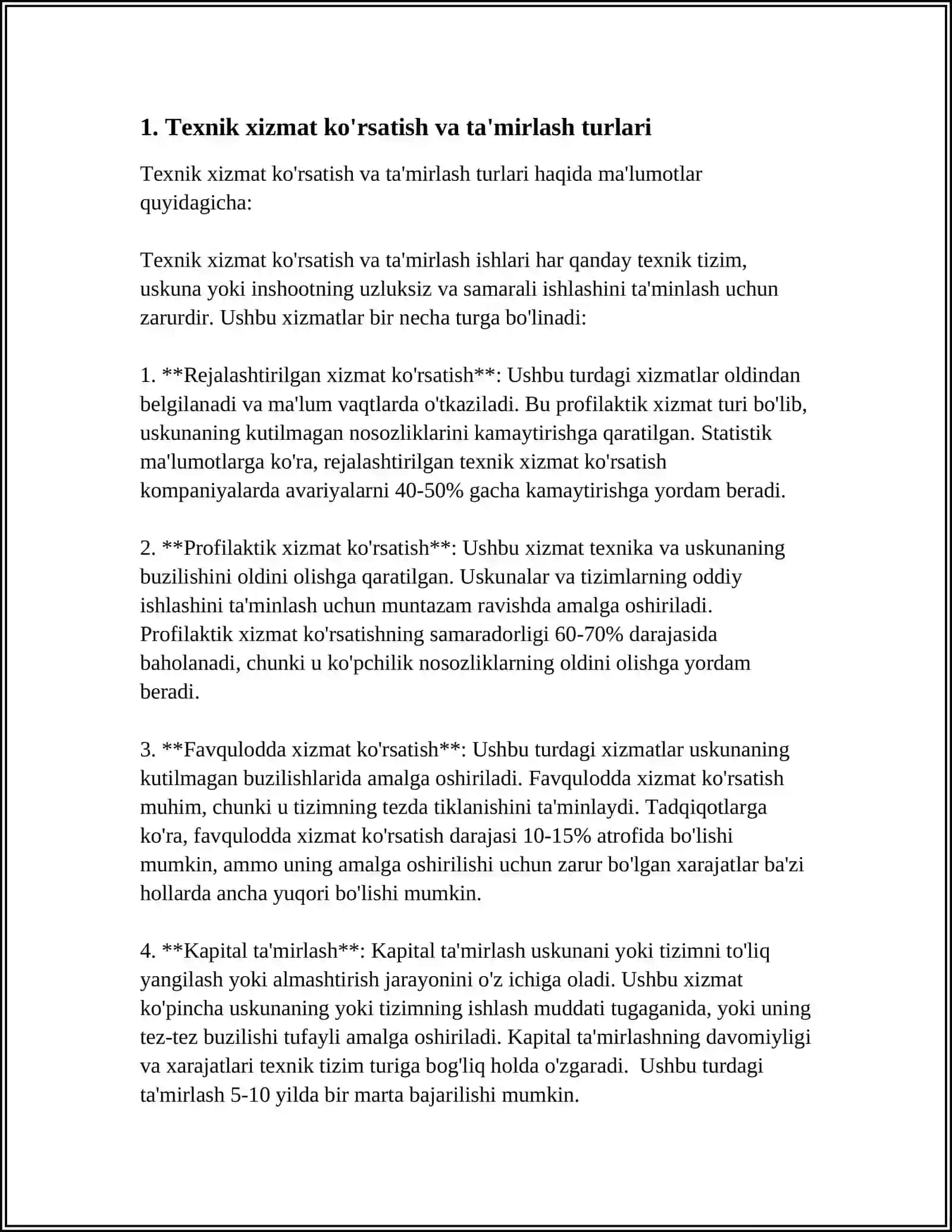 MAHSULOTLARNING TO‘XTAMASDAN ISHLOVCHANLIGI VA TA'MIRLANUVCHANLIGINI TAVSIFLOVCHI KOMPLEKS KO‘RSATKICHLARI 4