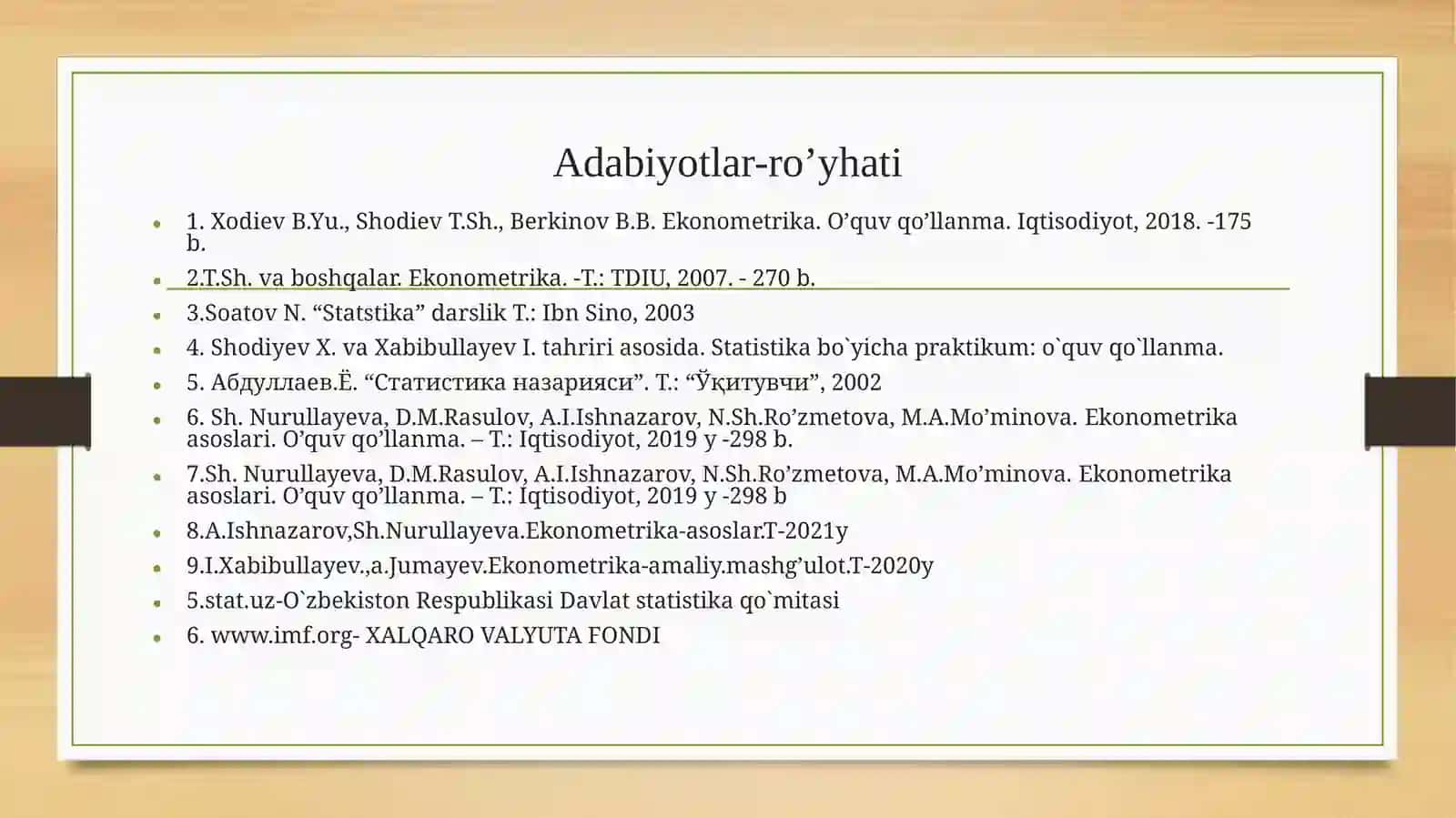 Ekonometrik modellashtirish asoslari. Ekonometrik modellarning axborot ta’minoti 4