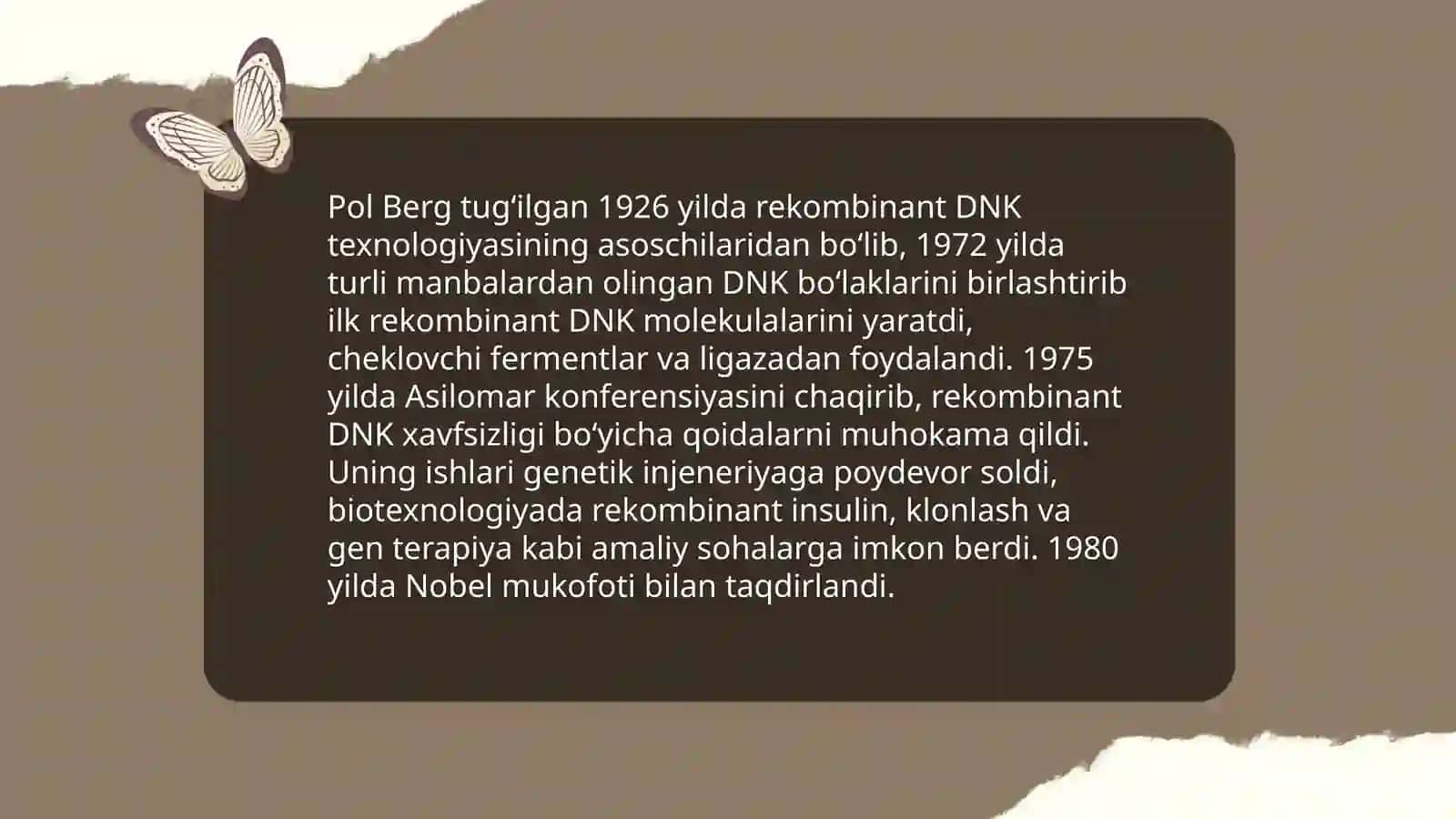Nobel mukofoti sovrindorlari va ularning biotexnologiyaga qo'shgan hissasi 4