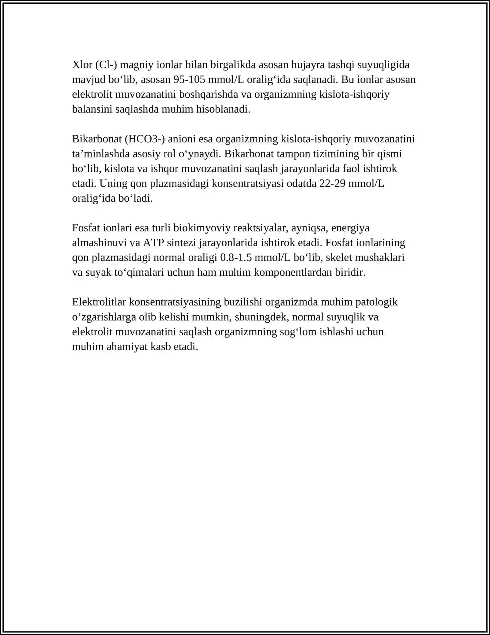 ORGANIZMNING BIOLOGIK SUYUQLIKLARI ELEKTROLITLAR VA NOELOKTROLITLAR ERITMALARI SIFATIDA 4