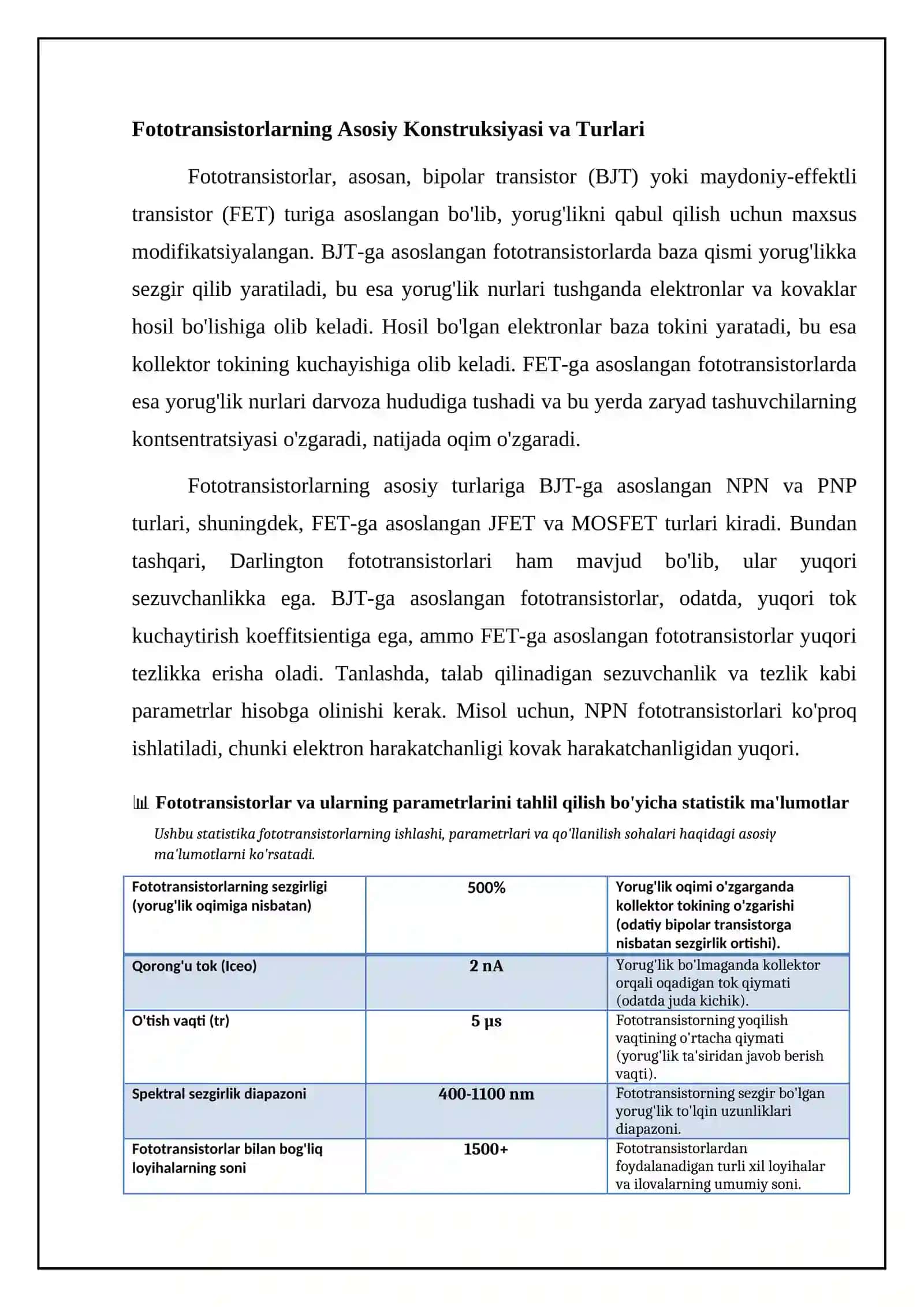 Fototranzistorlar va ularning parametrlarini tahlili 4