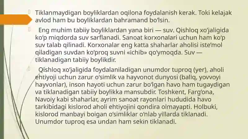 O'zbekistonning tabiiy sharoitiva resurslari, hamda ularning xalq xo'jaligidagi ahamiyati 4