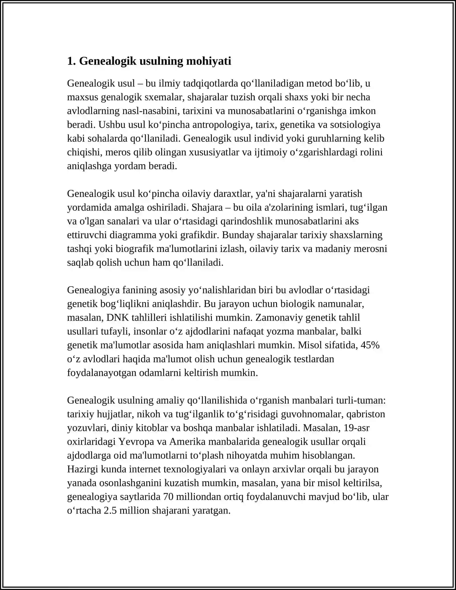 ODAM GENETIKASINING O‘RGANISH USULLARI: GENEALOGIK, POPULYASION STATISTIKVA EGIZAKLAR USULI 4